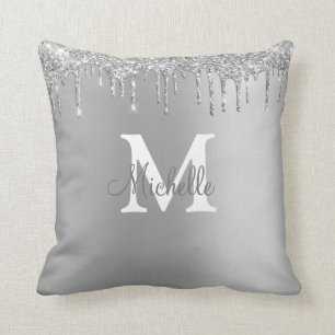 Glam & Glitter Silver Personalized Monogram Throw Pillow