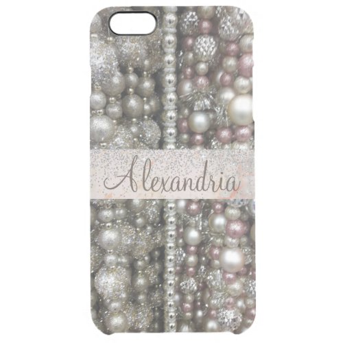Glam Glitter Silver  Pink  Beads Personalized Clear iPhone 6 Plus Case