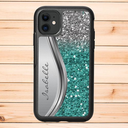 Glam Glitter Silver Sequin Metal look Teal OtterBox Symmetry iPhone 11 Case