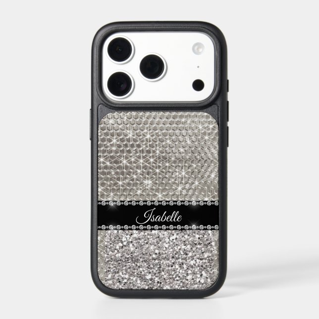 Glam Glitter Silver Sequin Metal Name OtterBox iPh iPhone Case (Back)