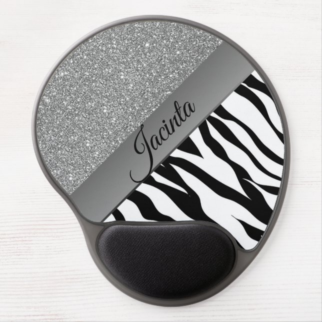Glam Glittery Black and White Zebra Personalized Gel Mouse Pad (Front)