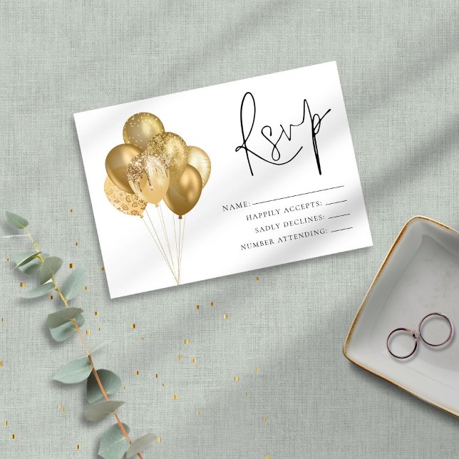 Glam Glittery Gold Balloons Birthday Party RSVP Card (Creator Uploaded)