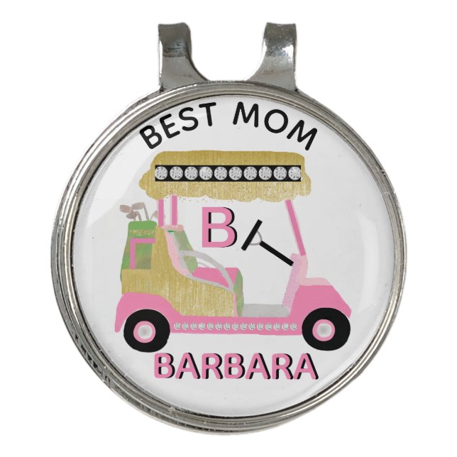 Glam Glitz Monogram Name Pink Gold Diamond Cart   Golf Hat Clip (Front)