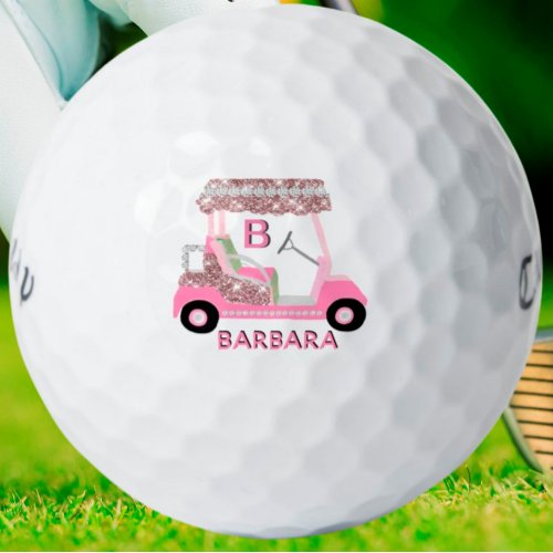 Glam Glitz Monogram Name Rose Gold Diamond Cart  Golf Balls
