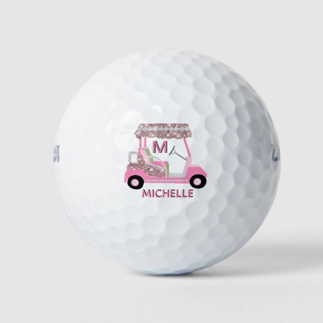 Glam Glitz Monogram Name Rose Gold Diamond Cart   Golf Balls (Front)