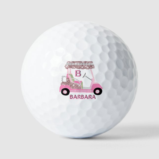 Glam Glitz Monogram Name Rose Gold Diamond Cart  Golf Balls (Front)