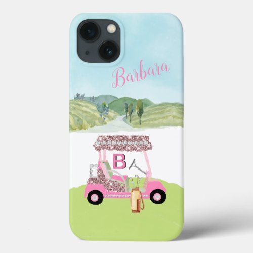 Glam Glitz Monogram Name Rose Gold Golf Cart iPhone 13 Case