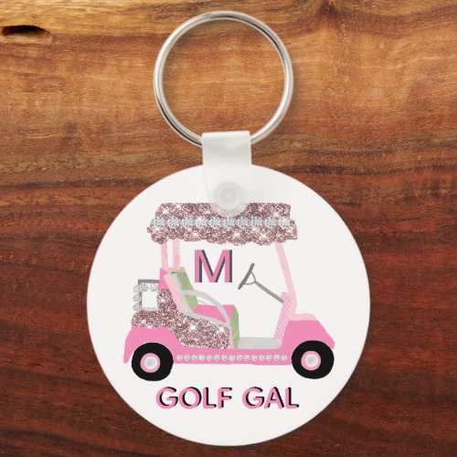 Glam Glitz Monogram Rose Gold Golf Cart  Keychain