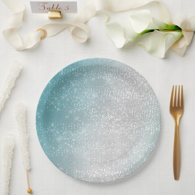 Glam Glitzy Aqua Ombre Sparkle Wedding Paper Plates (Wedding)