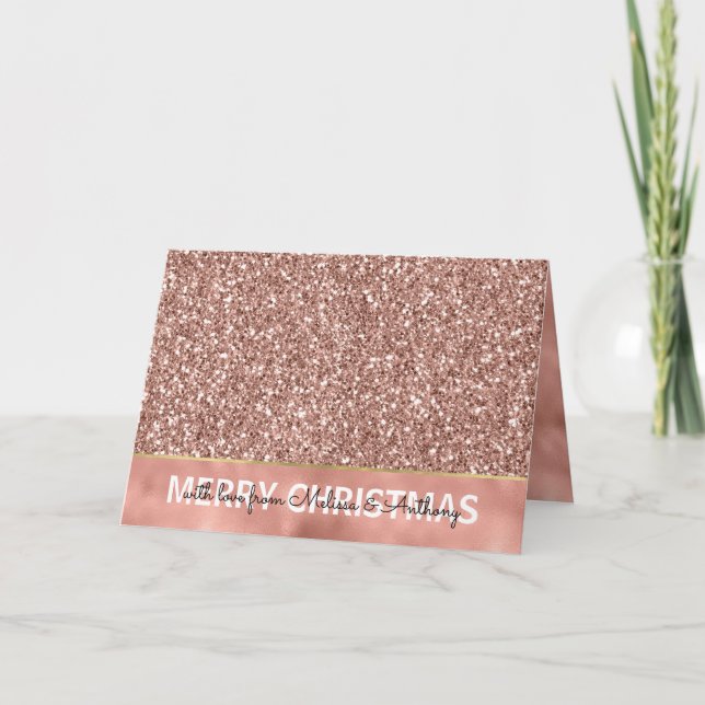 Glam Glitzy Glitter Rose Gold Christmas Holiday Card (Front)