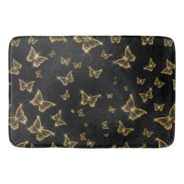 Glam gold and black butterflies pattern bath mat (Front)