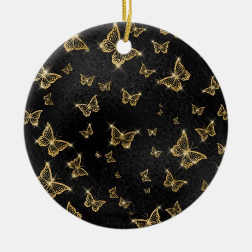 Glam gold and black butterflies pattern ceramic ornament