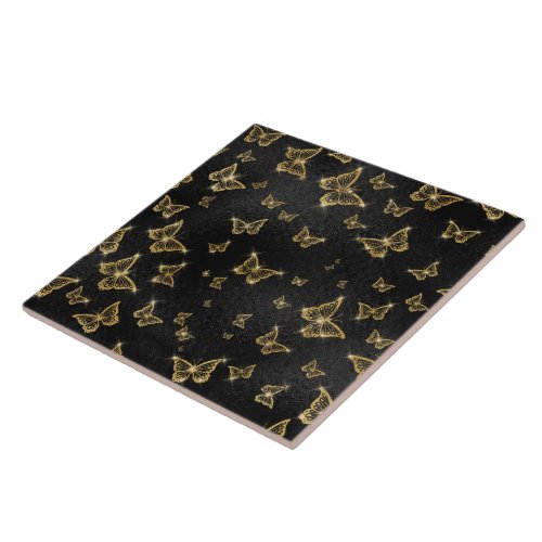 Glam gold and black butterflies pattern ceramic tile