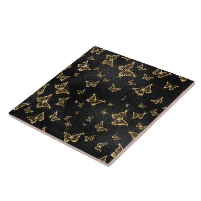 Glam gold and black butterflies pattern ceramic tile (Side)