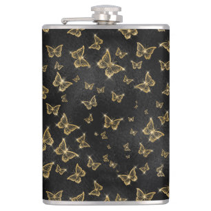 Glam gold and black butterflies pattern flask
