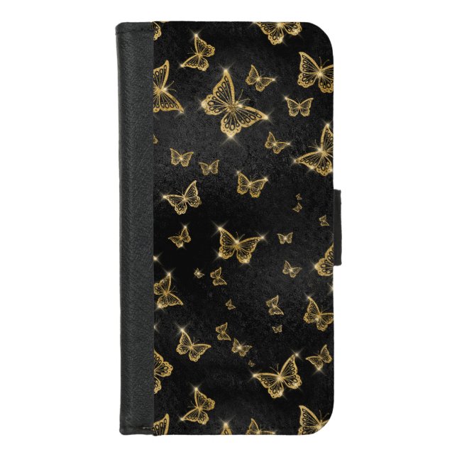 Glam gold and black butterflies pattern iPhone wallet case (Front)