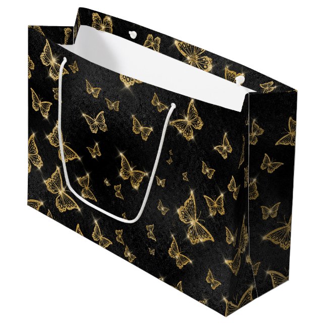 Glam gold and black butterflies pattern large gift bag (Front Angled)