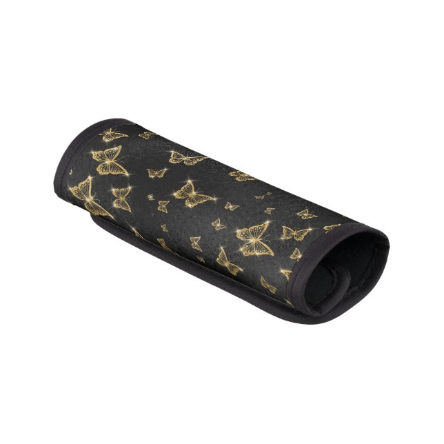 Glam gold and black butterflies pattern luggage handle wrap (Angled)