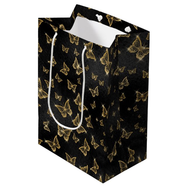 Glam gold and black butterflies pattern medium gift bag (Front Angled)