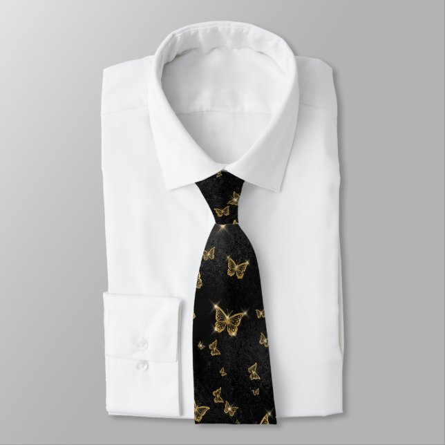 Glam gold and black butterflies pattern neck tie (Tied)