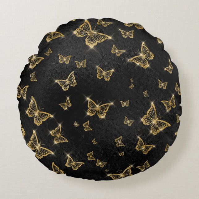 Glam gold and black butterflies pattern round pillow (Front)