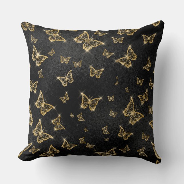 Glam gold and black butterflies pattern throw pillow (Front)