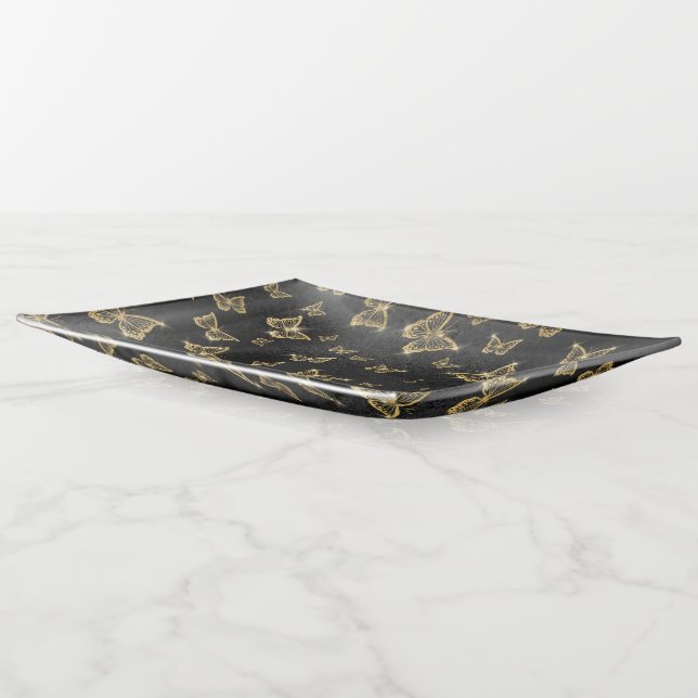 Glam gold and black butterflies pattern trinket tray (Angled)