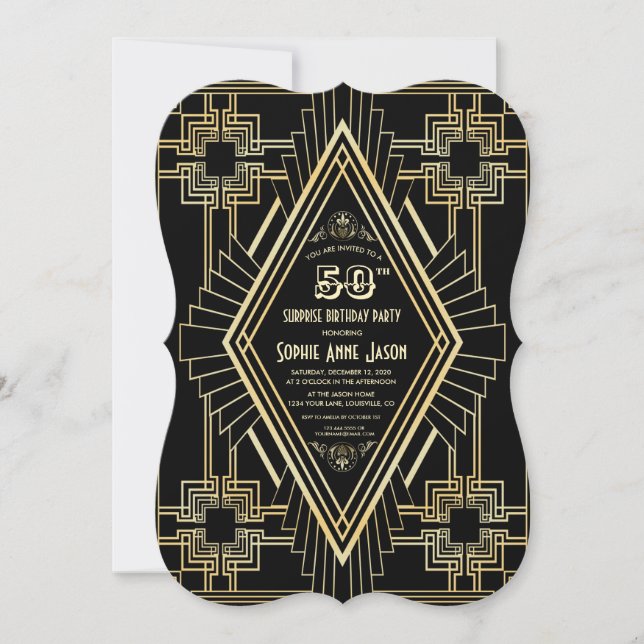 Glam Gold and Black Great Gatsby 50 Birthday Party Invitation (Front)