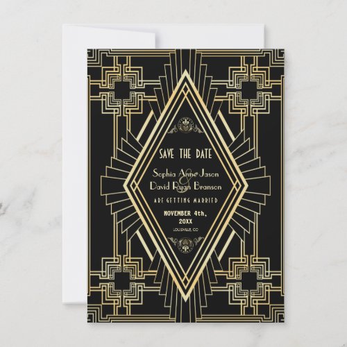 Glam Gold and Black Great Gatsby Save the Date