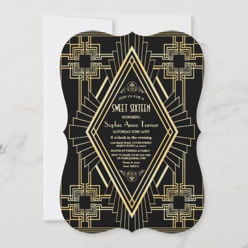Glam Gold and Black Great Gatsby Sweet 16 Invitation