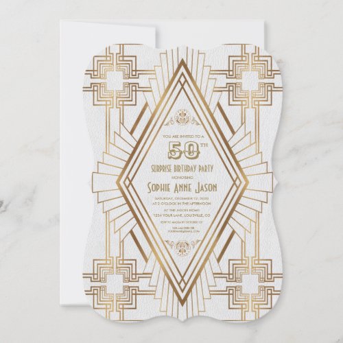 Glam Gold and White Great Gatsby 50 Birthday Party Invitation