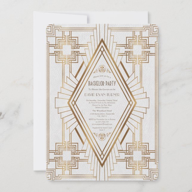 Glam Gold and White Great Gatsby Bachelor Party Invitation (Front)