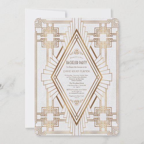 Glam Gold and White Great Gatsby Bachelor Party Invitation