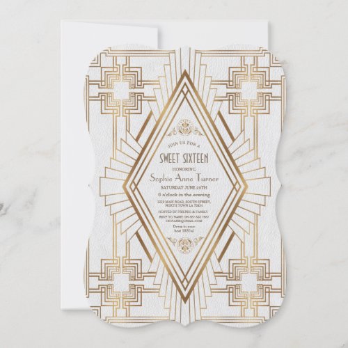 Glam Gold and White Great Gatsby Sweet 16 Invitation
