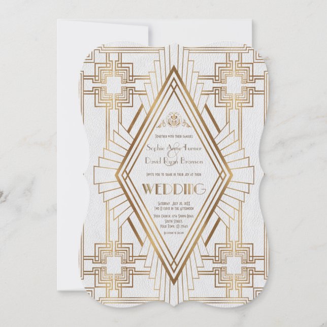 Glam Gold and White Great Gatsby Wedding Invitation (Front)