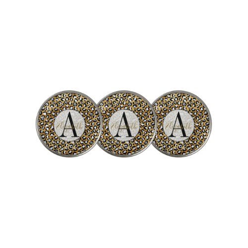 Glam Gold and White Leopard Spots Monogrammed Golf Ball Marker