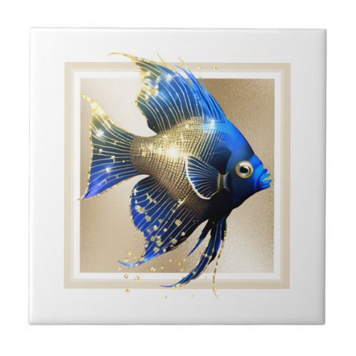 Glam gold angel fish blue nautical marine reef  ceramic tile