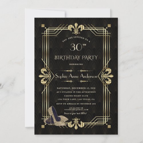 Glam Gold Art Deco Casino Poker Vegas Birthday Invitation