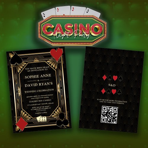 Glam Gold Art Deco Casino QR Code Poker Wedding  Invitation