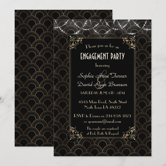 Glam Gold Art Deco Fleur-de-lis Engagement Party Invitation (Front/Back)