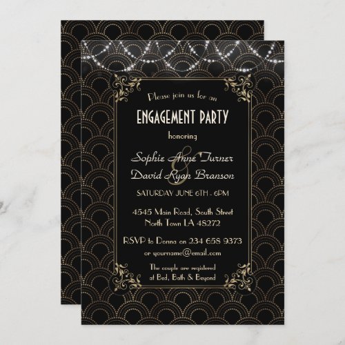Glam Gold Art Deco Fleur_de_lis Engagement Party Invitation