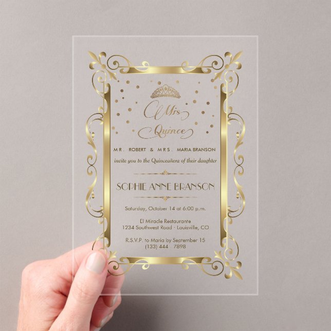 Glam Gold Art Deco Mis Quince Script Quinceañera Acrylic Invitations (Insitu (Handheld))