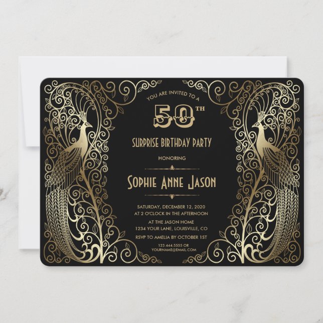 Glam Gold Art Deco Peacocks 50th Birthday Party Invitation (Front)