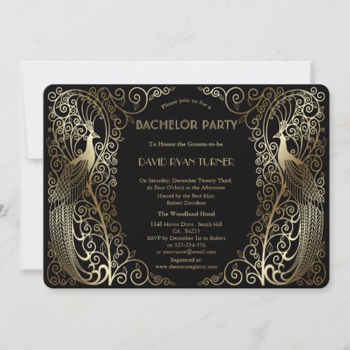 Glam Gold Art Deco Peacocks Bachelor Party Invitation