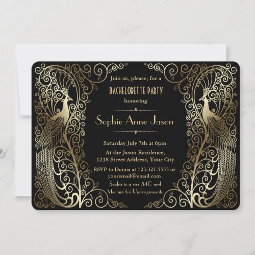 Glam Gold Art Deco Peacocks Bachelorette Party Invitation