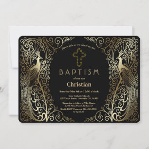 Glam Gold Art Deco Peacocks Baptism Invitation