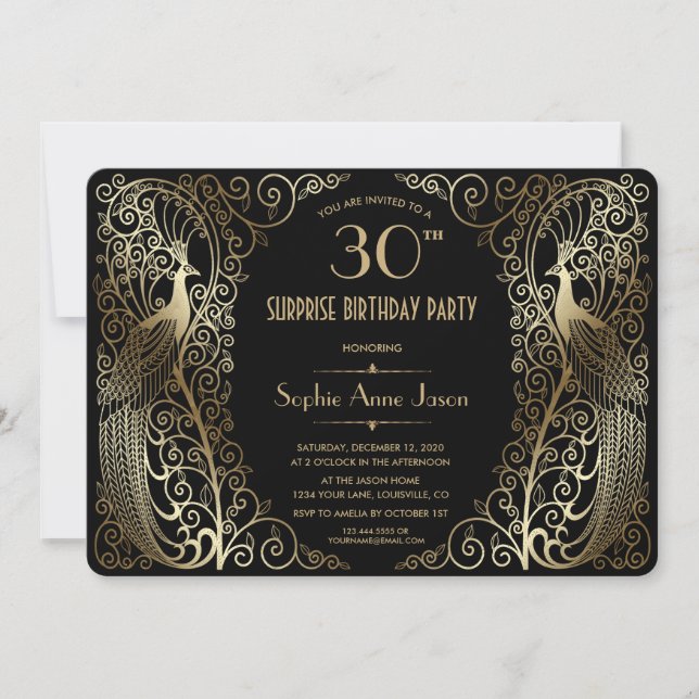 Glam Gold Art Deco Peacocks Birthday Party Invite (Front)