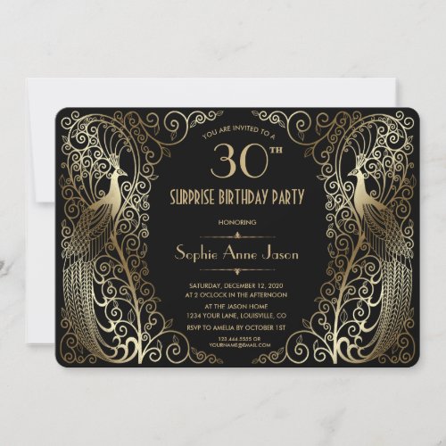 Glam Gold Art Deco Peacocks Birthday Party Invite