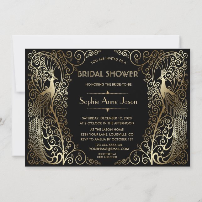 Glam Gold Art Deco Peacocks Bridal Shower Invitation (Front)