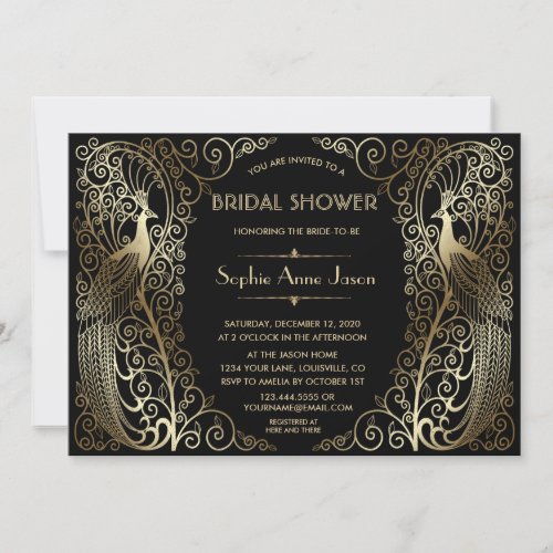 Glam Gold Art Deco Peacocks Bridal Shower Invitation